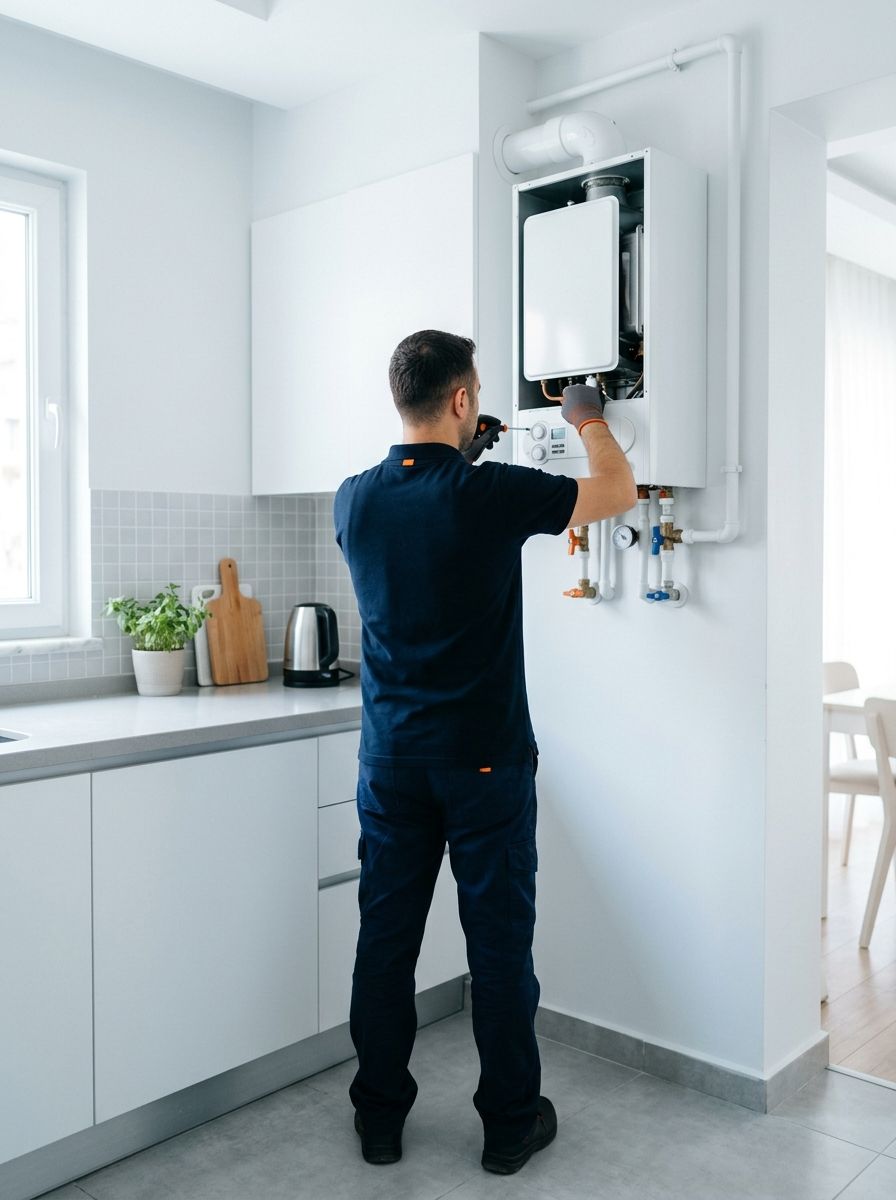 Teknik servis ustası kombiyi kontrol ediyor